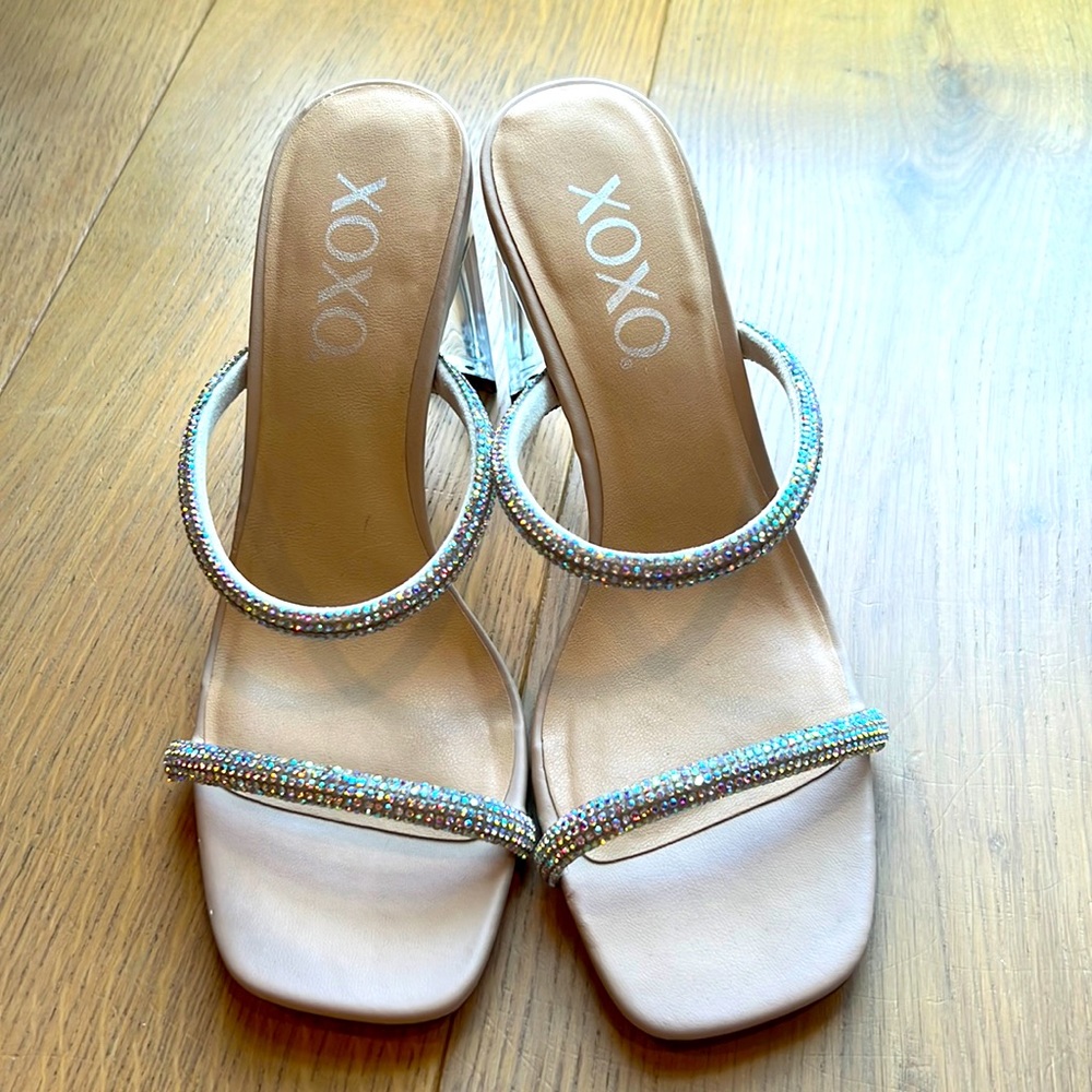 Xoxo iridescent rhinestone open-toed clear heels